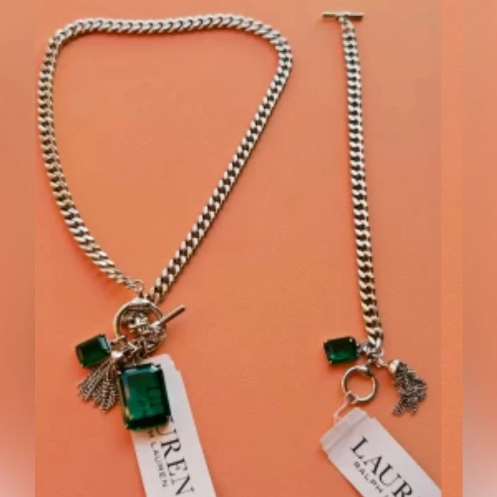 RL ralph Lauren necklace and bracelet green gem silver - Picture 9 of 10